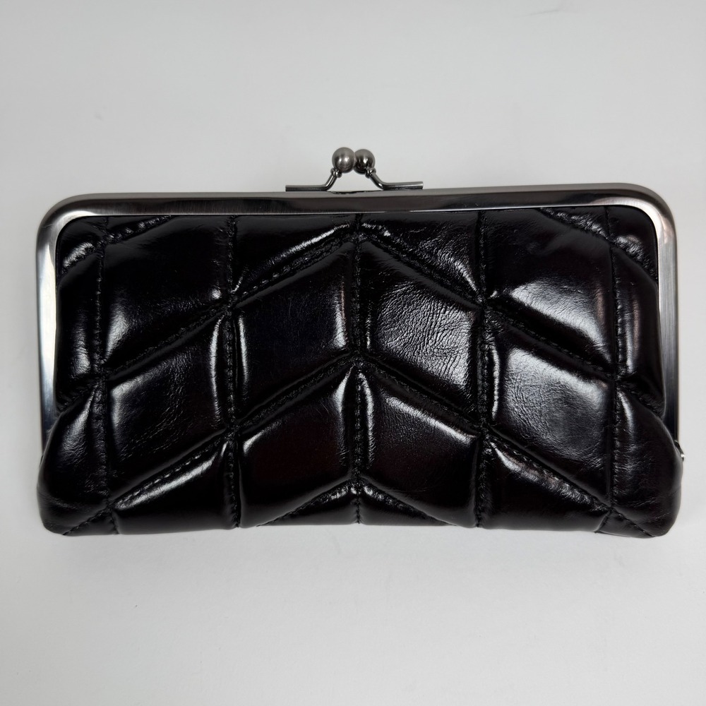 Patricia Nash soft Black Quilted Leather Frame Wallet Kiss Lock Clutch Wallet